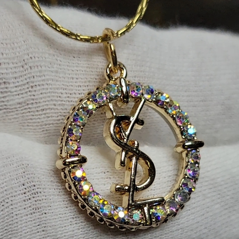YSL ARORA BOREALIS Crystal Pendant Zip Pull, 18" Gold Plated Chain - Picture 3 of 4